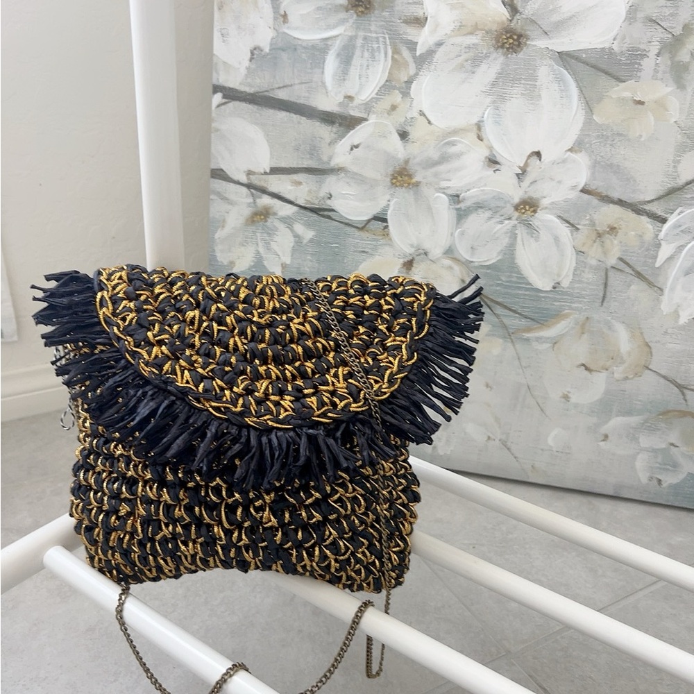 Woven Fringe Crossbody Bag in Black and Gold